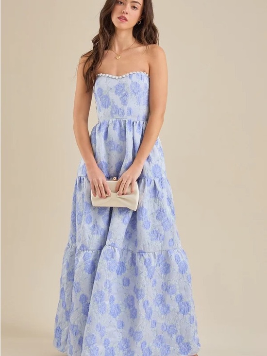 Altar'd State Dresses & Skirts - Altar'd State Light Blue Floral Strapless Maxi Dress with Pearl Beading
